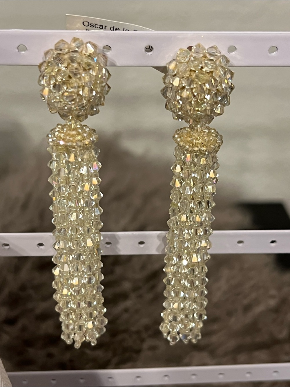 Oscar de la Renta Champagne Beaded Tassel Earrings Clip On.